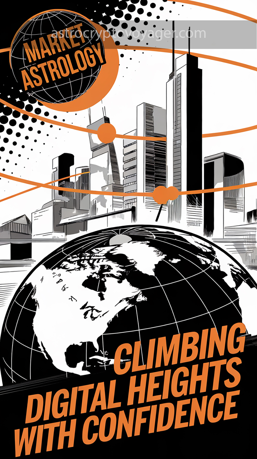 Comic book style, black and white with orange accents: Text on the image: "Market Astrology Climbing Digital Heights with Confidence"